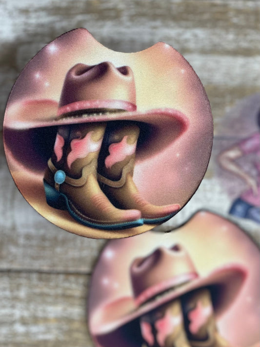 Pink Cowgirl Hat and Boots Car Coasters